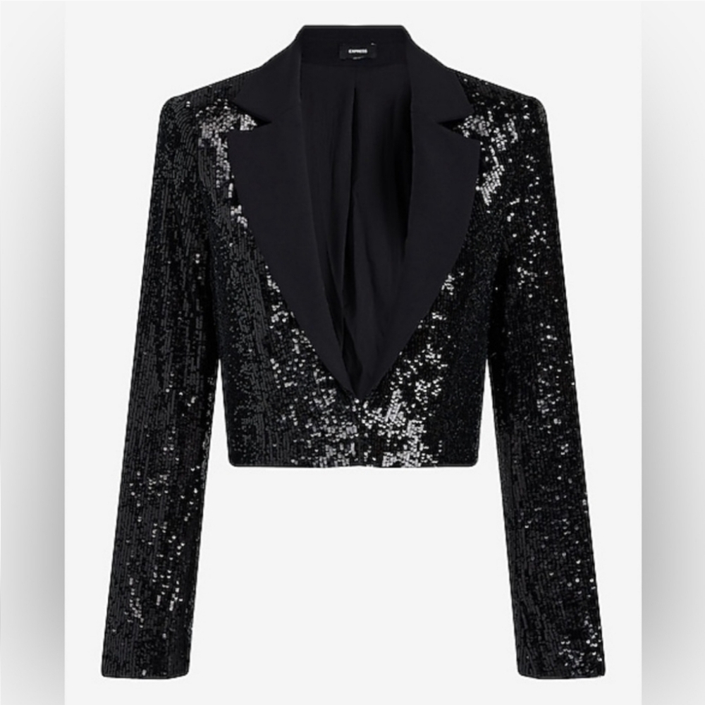 New Express Sequin Solid Lapel Cropped Black Blaz… - image 1